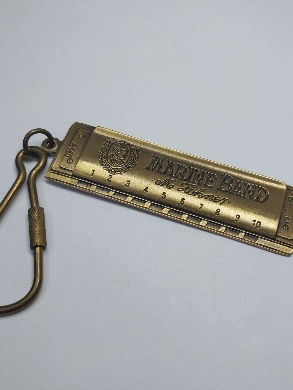 Vintage 1986 Brass M. Hohner Marine Band Harmonica Collectible Keychain USA